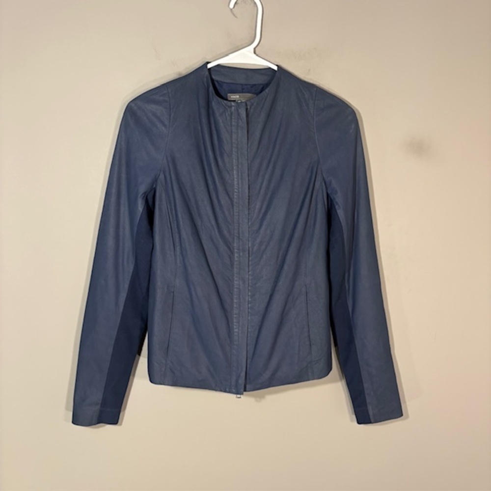 Vince Jacket Womens XS Blue Leather Collarless Full Zip Lined Short Pockets